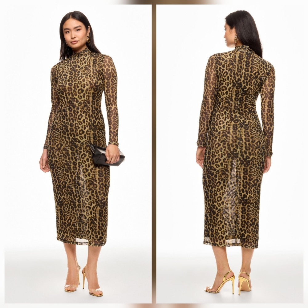 Ronny Kobo Leopard Print Midi Dress  Mock Neck Long Sleeve Size S
